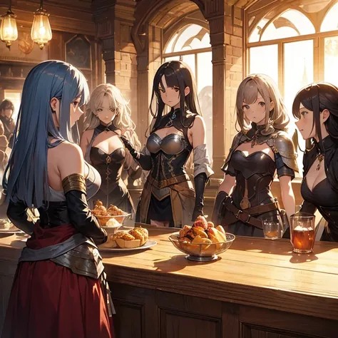 A group of  female medieval fantasy adventurers, (in tavern), various hair styles, harem, night, details face, short skirt, seducing, sleeveless, armor