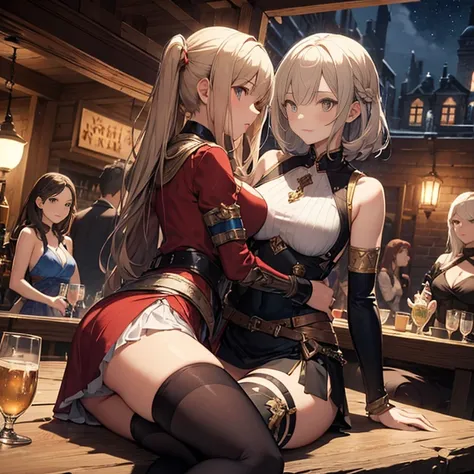 A group of  female medieval fantasy adventurers, (in tavern), various hair styles, harem, night, details face, short skirt, seducing, sleeveless, armor