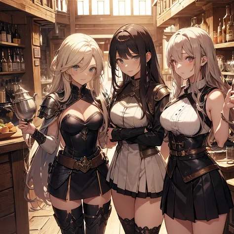 A group of  female medieval fantasy adventurers, (in tavern), various hair styles, harem, night, details face, short skirt, seducing, sleeveless, armor