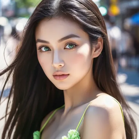 Captivating 28-year-old, ((half Caucasian and half Japanese:1.4), with mesmerizing green eyes and perfectly arched black eyebrows, her fair skin radiating beauty. Her medium-length wavy hair, styled to perfection, cascades down her shoulders, adorned with ...