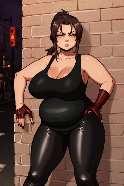 (masterpiece, highest quality:1.2), solo, 1girl, revy, 45-year-old, mature woman, milf, (Chubby figure:1.5), expressionless, looking at viewer, ponytail, (Wearing: red tank top, fingerless gloves, black leather pants), holding a cigarette, city street, sta...