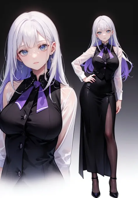 ((Perfect Face)),Purple Hair,Semi-long hair,1 female,bartender,,Black vest,tie,High heels,,((Simple light color background)),((smile)),((whole body)),((whole body)),Portraiture,virtual,upright,