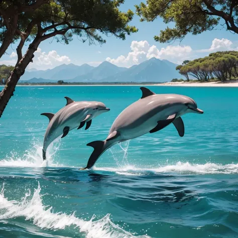 dolphins playing in a lagoon