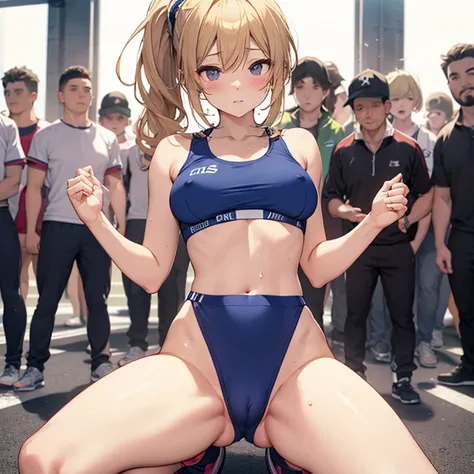 ponytail、Blonde、Nipples、tits、Track uniform、Athletics、Sports Bra、stockings、Insert the penis into the、Open your legs while crouching、Perfect body、Semen overflows from pussy、Surrounded by a large group of men、From below