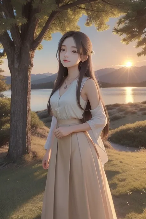 best quality, cartoon_portrait,1 girl, happy expression, charming eyes, straight long hair, flowing skirt, big, looking at the sun, calm posture, porcelain-like skin, subtle blush, crystal pendant BREAK Golden Hour, (edge lighting): 1.2, cool colors, sun f...