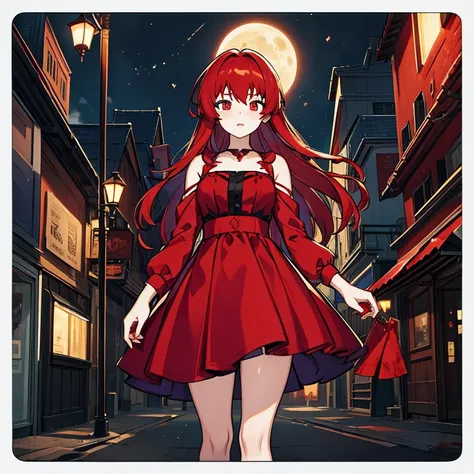 (master piece best quality),1 girl, red hair, blood on lips, red dress, night, full of blood, moon, background street lights,