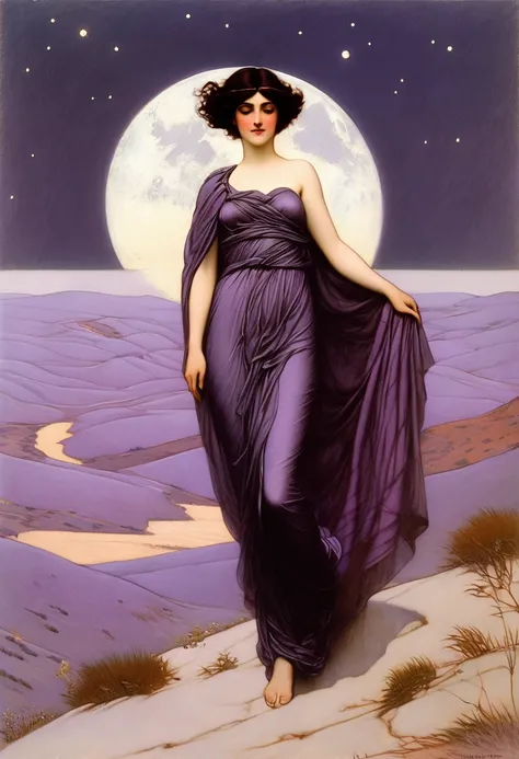 sensual woman, with completely white skin, with purple eyes, with wavy and silver hair, totally naked, wearing a satin black cape, walking through the hills under the light of the moon, painted by John William Godward,