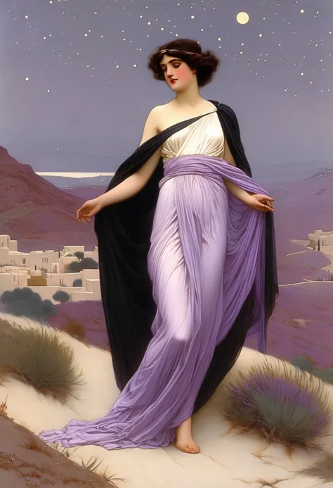 sensual woman, with completely white skin, with purple eyes, with wavy and silver hair, totally naked, wearing a satin black cape, walking through the hills under the light of the moon, painted by John William Godward,