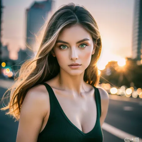 Captivating young 28-year-old, ((half Caucasian: 0.5)). ((half Japanese: 1), with mesmerizing extremely detailed green eyes and perfectly arched black eyebrows, her fair skin radiating beauty. Her medium-length wavy hair, styled to perfection, cascades dow...