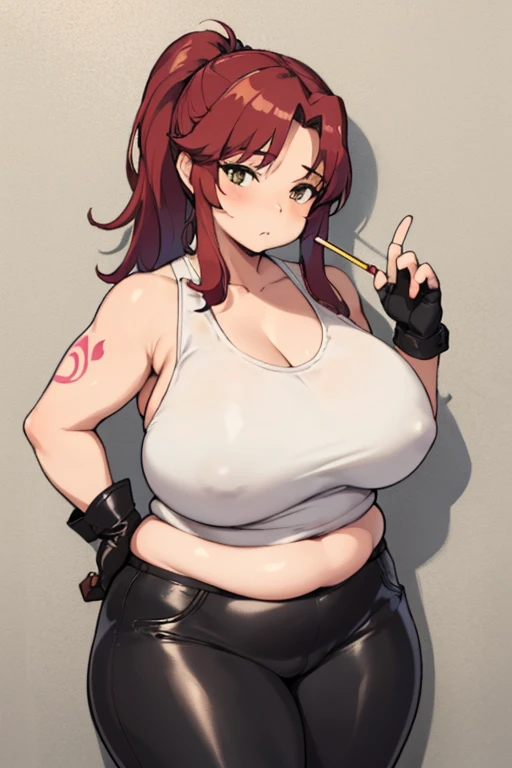 (masterpiece, highest quality:1.2), solo, 1girl, revy, 45-year-old, arm tattoo, mature woman, milf, Chubby figure, plump, fat rolls, big fat belly, expressionless, looking at viewer, ponytail, (Wearing: red tank top, fingerless gloves, black leather pants)...