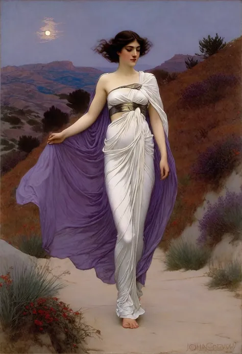 sensual woman, with completely white skin, with purple eyes, with wavy and silver hair, totally naked, wearing a satin black cape, walking through the hills under the light of the moon, painted by John William Godward,