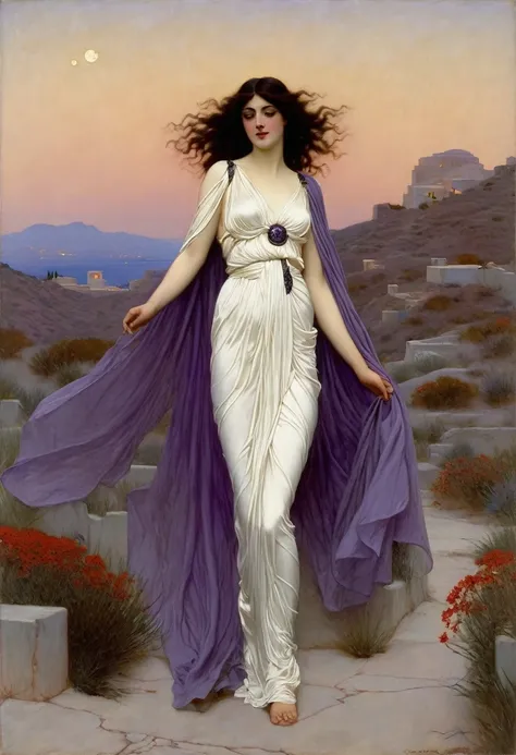 sensual woman, with completely white skin, with purple eyes, with wavy and silver hair, totally naked, wearing a satin black cape, walking through the hills under the light of the moon, painted by John William Godward,