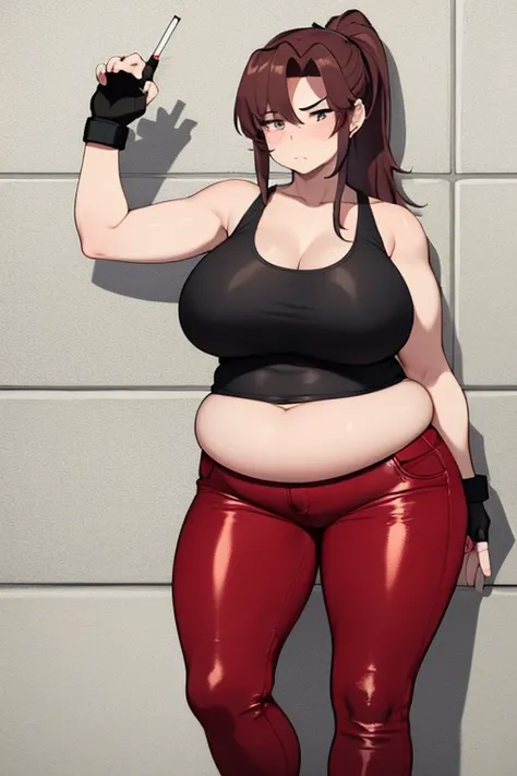 (masterpiece, highest quality:1.2), solo, 1girl, revy, 45-year-old, arm tattoo, mature woman, milf, Chubby figure, plump, fat rolls, big fat belly, expressionless, looking at viewer, ponytail, (Wearing: red tank top, fingerless gloves, black leather pants)...