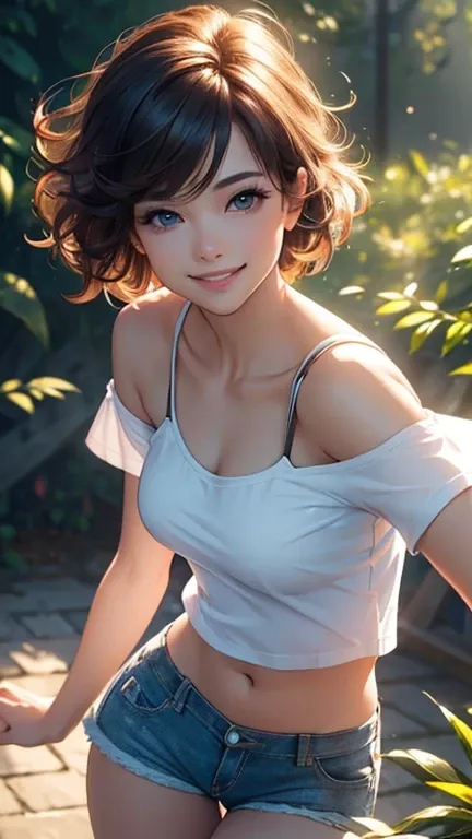 (Best quality,ultra detailed,photorealistic:1.37),bright and rich colors,studio lighting,playful and smiling expression of a beautiful face,stylish makeup, short denim shorts,hair fluttering in the wind,alluring smiling eyes, (((short T-shirt with a deep n...