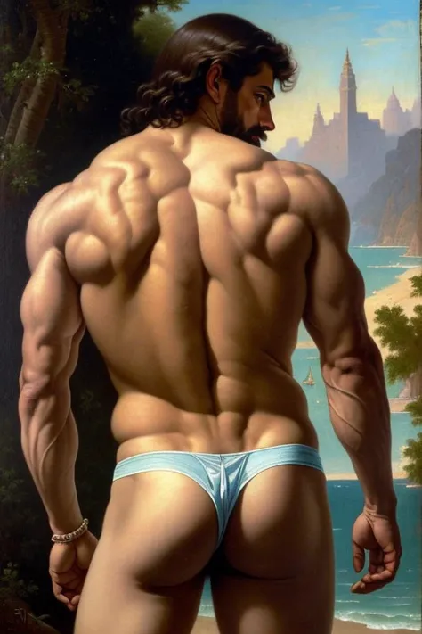 Um retrato pintado de corpo inteiro, um Apollo equipado de costas, costas musculosas, Deus da beleza, Deus grego, beleza masculina grega, cabelo loiro, pele dourada, bunda empinada e grande em uma tanga, full view of pussies and ass, homem bonito, jovem, i...