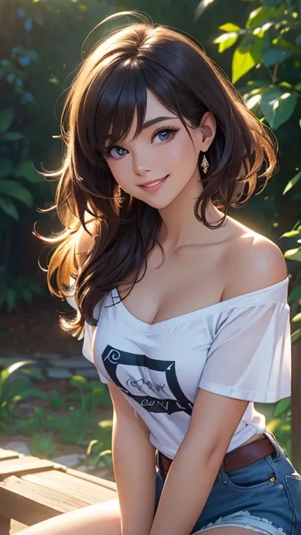 (Best quality,ultra detailed,photorealistic:1.37),bright and rich colors,studio lighting,playful and smiling expression of a beautiful face,stylish makeup, short denim shorts,hair fluttering in the wind,alluring smiling eyes, (((short T-shirt with a deep n...