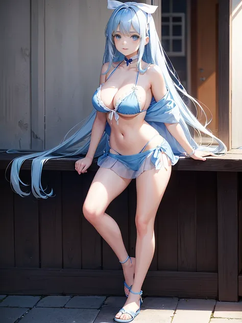 Young girl, long blue hair, blue eyes, white bow in her hair, Blue bikini with a white transparent sarong tied around her chest, white sandals with black straps, wearing a pair of denim shorts, average breast size, Beautiful breasts, Beautiful feet 