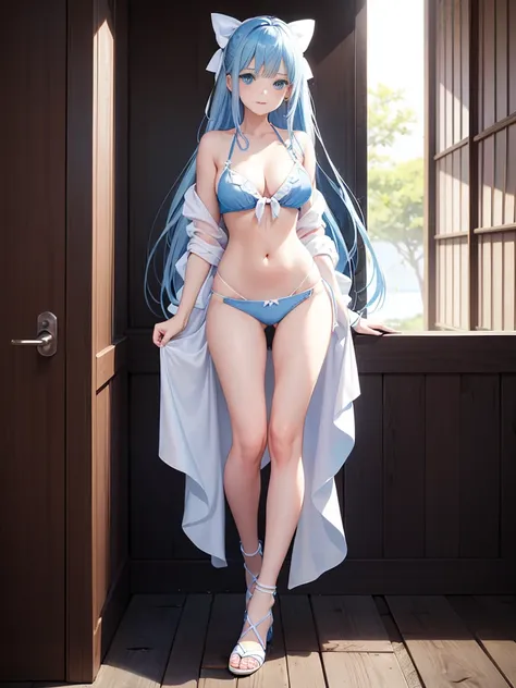 Young girl, long blue hair, blue eyes, white bow in her hair, Blue bikini with a white transparent sarong tied around her chest, white sandals with black straps, wearing a pair of denim shorts, average breast size, Beautiful breasts, Beautiful feet 