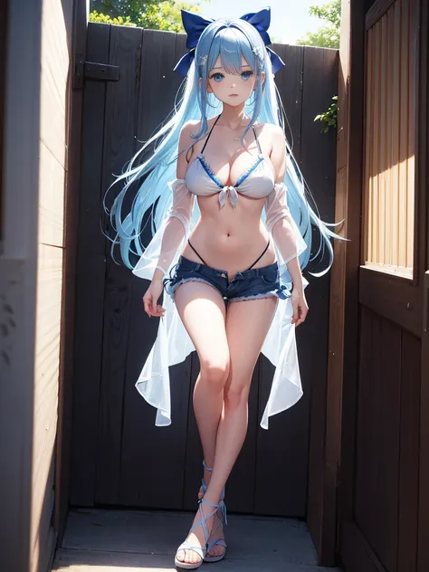 Young girl, long blue hair, blue eyes, white bow in her hair, Blue bikini with a white transparent sarong tied around her chest, white sandals with black straps, wearing a pair of denim shorts, average breast size, Beautiful breasts, Beautiful feet 