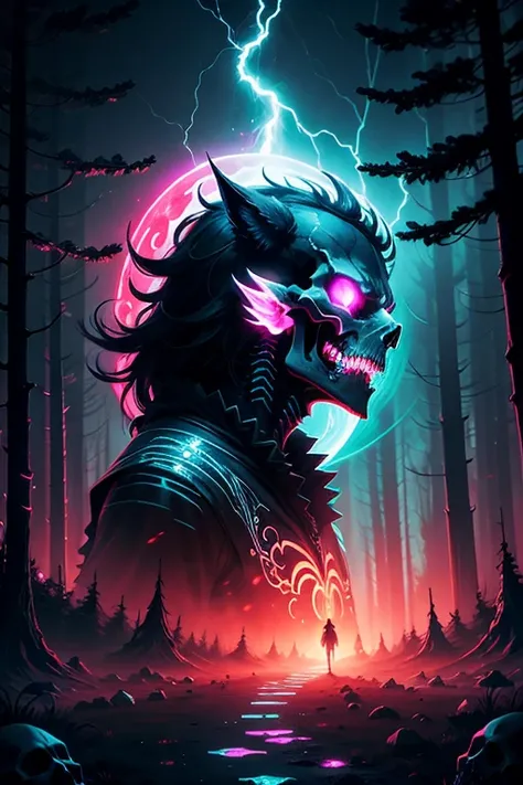 1-DigitalCreations, in a dazzling array of phosphorescent and neon colors, in a forest with Skulls lining the path, night of the "Blood" moon, ghoulish glow, lightning golden colors 