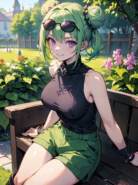 (highres), (best quality), (detailed) 1 girl, alone, medium hair, pastel green hair, twin buns, evil smile, violet eyes, round b...