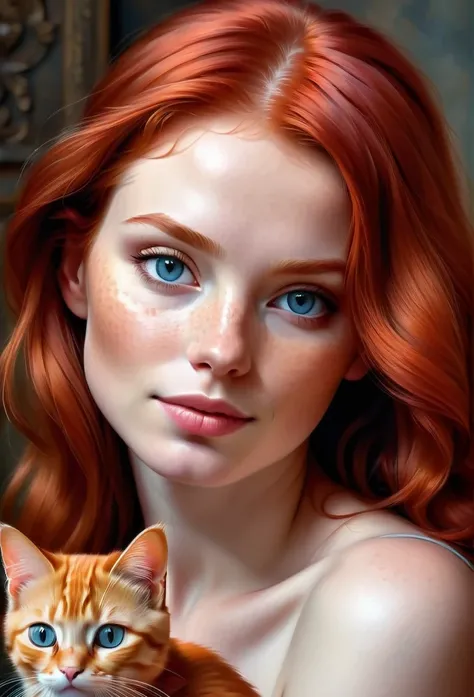 red-haired girl with a red cat, ultra detailed, best quality, masterpieces, photorealistic 