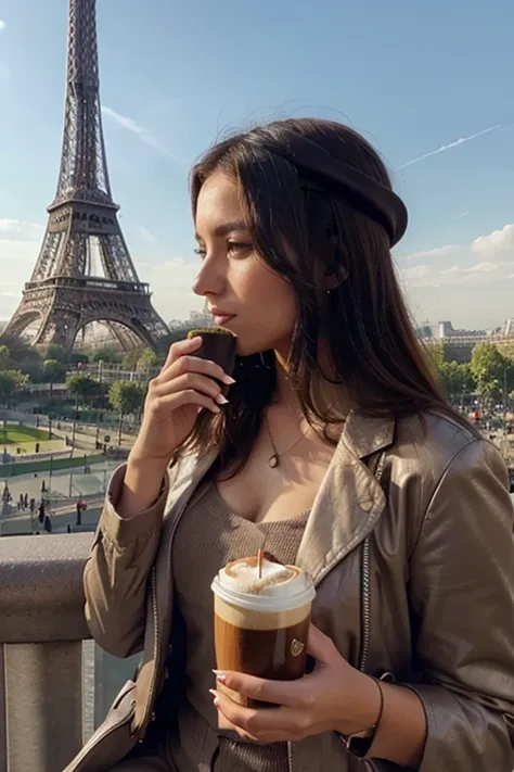 a woman on the eiffel tower drinking coffee in a fashionable outfit