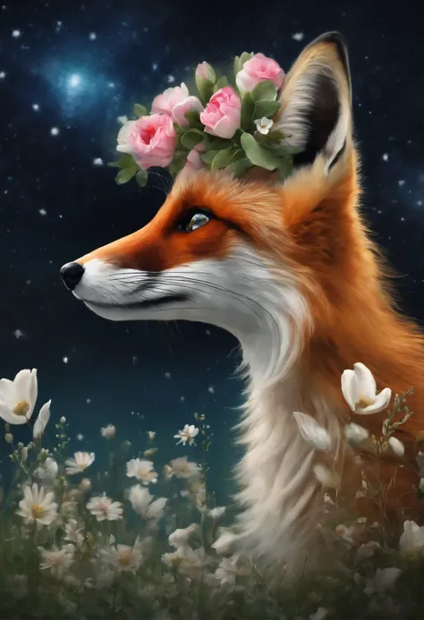 A beautiful white-red fox with four tails in a flower meadow looks into the starry sky with splashes of glowing water.,Magnetic storms, night, starry sky sea,  Beautiful white and red fox with four tails in the starry sky, Jean-Baptiste Monge, anthropomorp...