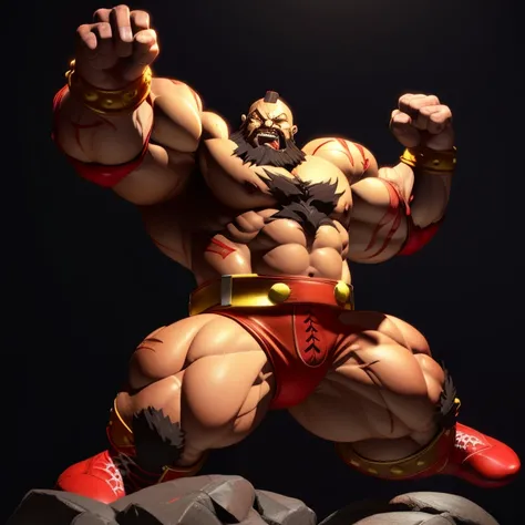 One has a beard、Statue of man wearing red belt,Fighting Game Characters, SF 5 ink style, sf5 ink style, Goro and kunkle, muscled humanoid 炎魔 demon, Looks heavy, new role, Muscle Man