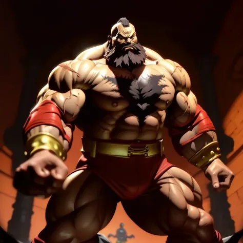 One has a beard、Statue of man wearing red belt,Fighting Game Characters, SF 5 ink style, sf5 ink style, Goro and kunkle, muscled humanoid 炎魔 demon, Looks heavy, new role, Muscle Man