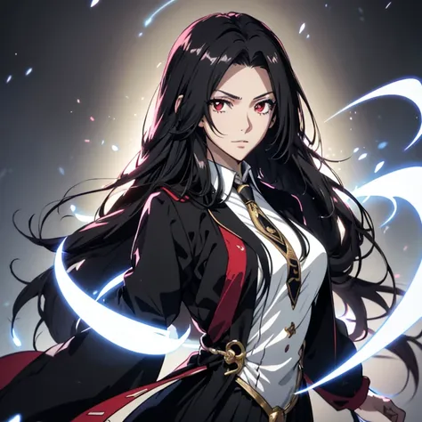 (ultra-detailed, perfect pixel, highrest, best quality), 20 years old Anime girl, smooth anime artstyle, long raven hair, slightly wavy hair, parted bangs, black hair, gradient hair color, Magus, ((red eyes)), detailed eyes, beautiful eyes, long black coat...