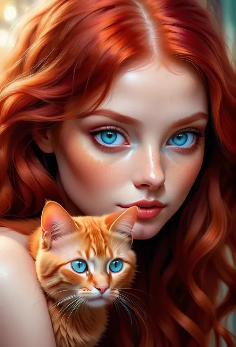 red-haired girl with a red cat, ultra-detailed, best quality, masterpieces, photorealistic, vivid colors, concept artists, beautiful detailed eyes, beautiful detailed lips, extremely detailed eyes and face, long eyelashes, shiny red hair, delicate features...