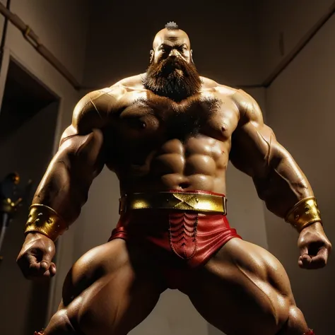 One has a beard、Statue of man wearing golden belt,Fighting Game Characters,sf6 ink style, Goro and kunkle, muscled humanoid 炎魔 demon, Looks heavy, new role, Muscle Man