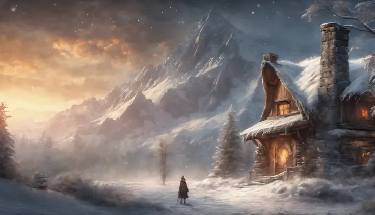 nowy mountains, a small house, smoke from the chimney, a few trees around, thick snow on the ground,Warm tones, snowflakes falling, starry sky, dragon in sky