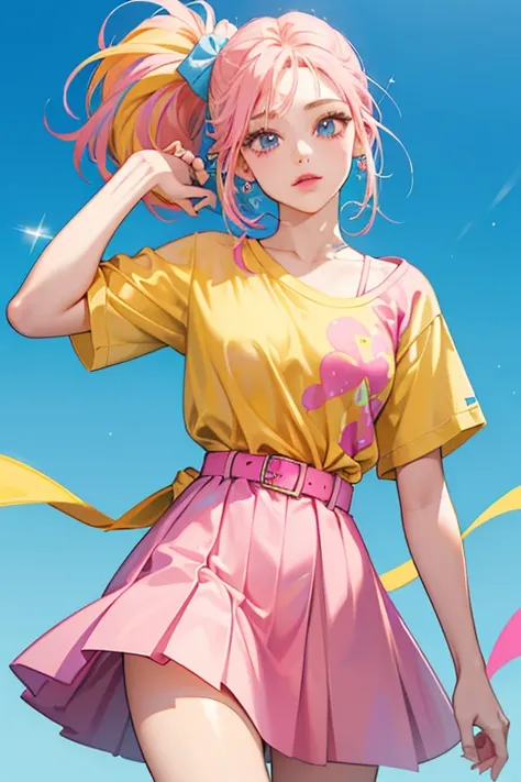 She is a sky blue  with pink lips and yellow hair tied into two ponytails who wears a pink shirt with a red handkerchief and a hot pink skirt with a brown belt. SPARKLE; GLITTER