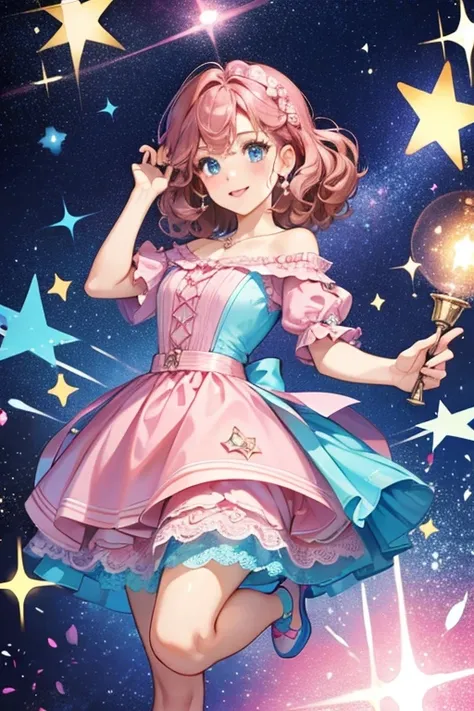 She is a pink with curly brownish hair, pink lips, a blue dress and blue shoes. SPARKLE; GLITTER