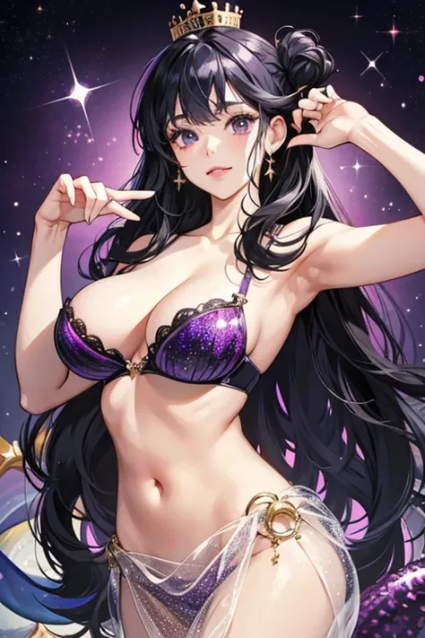 She is a purple mermaid with black eyes, wears a crown atop of her head, a clam on her bra, and has rings on her right finger. She has black hair. SPARKLE; GLITTER