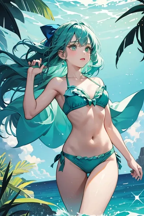 She is a sea who is colored light teal with a light green shell that has darker green spots on it who wears a dark blue bikini and has a dark blue hair-bow. SPARKLE; GLITTER