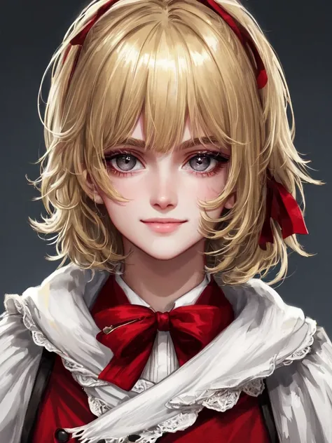 high quality, 最high quality, masterpiece, disorganized, red_Jacket, ribbon, black_eye, blonde_hair, short_hair, hair_ribbon, smile, 1 girl, torn clothes, Cloth,  Dense and beautiful black eyes, beautiful detailed lips, Highly detailed eyes and face, long e...