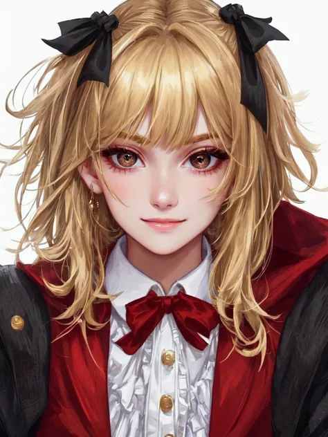 high quality, 最high quality, masterpiece, disorganized, red_Jacket, ribbon, black_eye, blonde_hair, short_hair, hair_ribbon, smile, 1 girl, torn clothes, Cloth,  Dense and beautiful black eyes, beautiful detailed lips, Highly detailed eyes and face, long e...