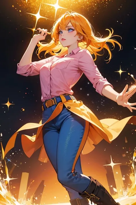 She is an orange  with yellow hair, pink lipstick and a Russian accent. She wears a blue shirt and blue pants with an orange belt along with black boots. SPARKLE; GLITTER