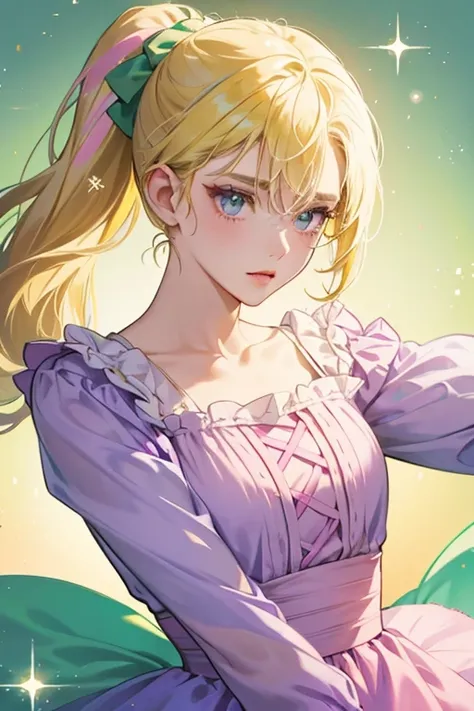 She is a light green , with blonde hair tied up in two ponytails on the right and left sides of her hair, and wears a light purple dress, which has a pink top. SPARKLE; GLITTER