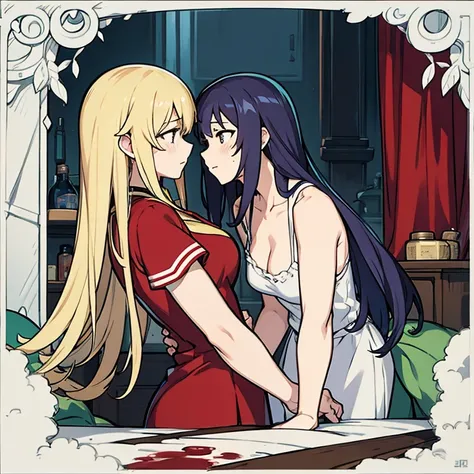 (Master piece Best quality),
1 anime woman, (Bloody woman:1.05), blood everywhere, Bedroom background, (Hentai:1.15),(Yuri:1.5)