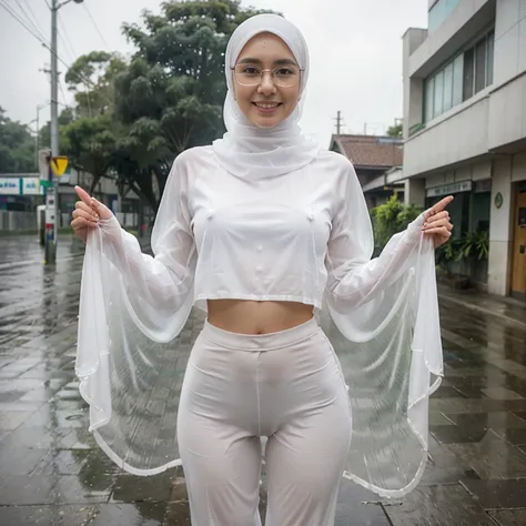 Young beautiful sweet sundanese Bogor city girl, 25 years old, slim body, georgeus face, no underwear, wearing  wet white thin hijab, all her  hairs covered under her hijab,  wearing wet white thin see through  transparent shirt, wearing wet white thin str...