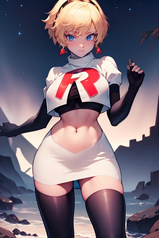 aegis, blonde hair, looking at viewer, team rocket, team rocket uniform, red letter r, white skirt,white crop top,black thigh-hi...