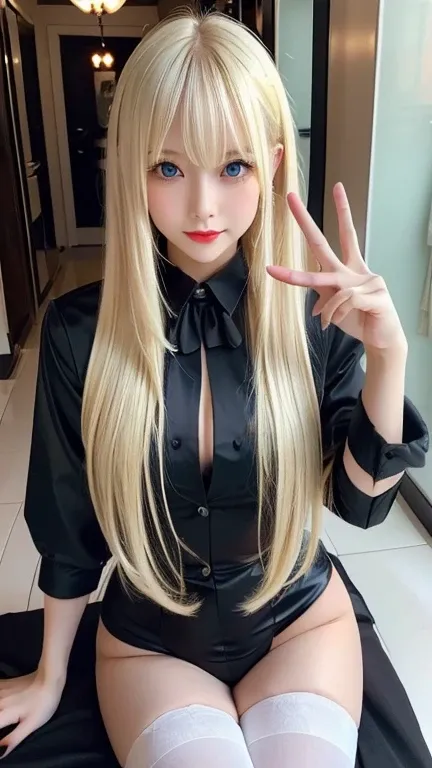 highest quality　Shining, clear, white skin、Her windblown blonde hair hides her beautiful face、huge、20 years old cute sexy little beautiful face、Beautiful straight hair that stands out、growing up, Sparkling light blue eyes、long silky bangs that cover cute e...