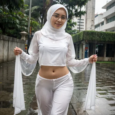 Young beautiful sweet sundanese Bogor city girl, 25 years old, slim body, georgeus face, no underwear, wearing  wet white thin hijab, all her  hairs covered under her hijab,  wearing wet white thin see through very transparent buttoned dress, wearing wet w...