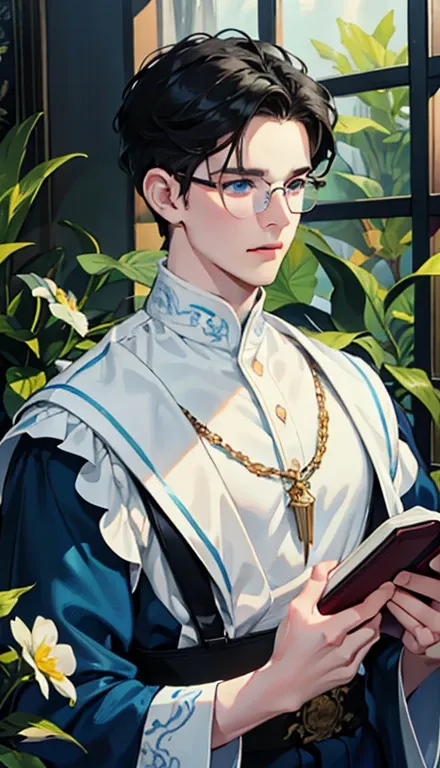 1 boy，male，young people，pale boy，plant，flowers，Low screen contrast，high brightness，Black hair，Glasses，blue eyes，soft light lighting，soft focus，, anime big breasts, Impressionism, movie lighting, close up, ultra high definition, masterpiece, high detail，boo...