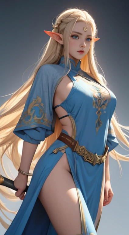 1 female elf, long blond hair, elf ears, light blue eyes, thin lips, round face, huge covered breasts, wide hips, wearing archers clothes with a quiver on her back full of arrows, fierce look, daggers in her hands ready to attack, arrogant look, sfw