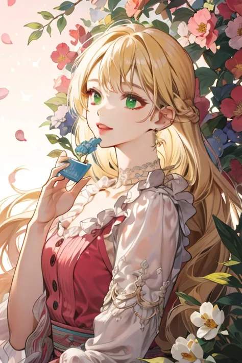 (absurdres, highres, ultra detailed), 1girl, mature female, wavy blonde hair, long hair, blunt bangs, green eyes, pink dress, finely detailed eyes and detailed face, extremely detailed CG unity 8k wallpaper, intricate details, BREAK , kaleidoscopic imagery...